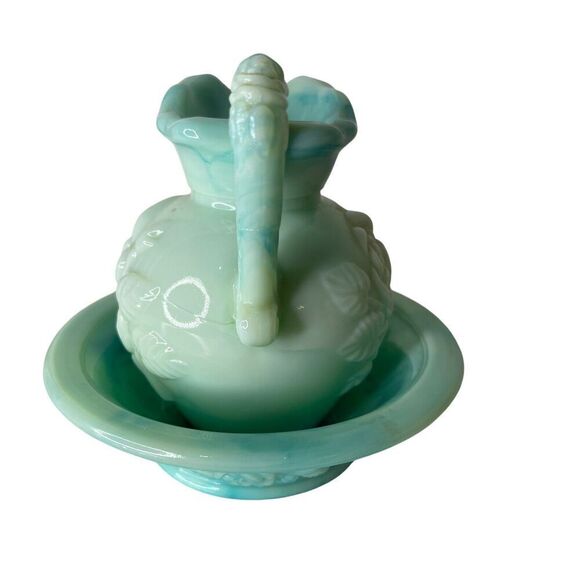 Vintage Avon Jade Marble Milk Glass Pitcher Mini Bowl Rose Victorian Blue - Picture 10 of 16